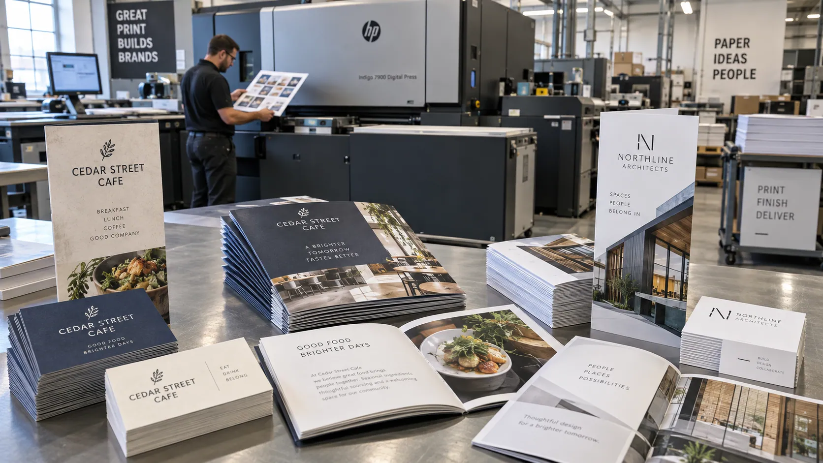 Illustrative sheet-fed commercial printing scene with business cards and booklet proofs.