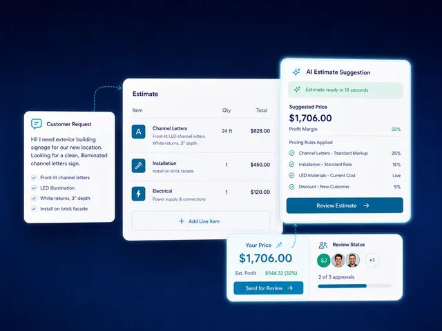 Meet Signexa AI Estimates showing a customer request, estimate lines, pricing rules, review status, and approval.