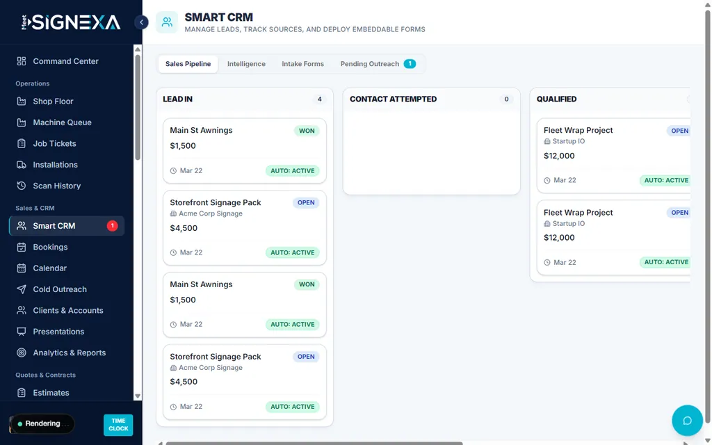 Meet Signexa Smart CRM showing a sales pipeline for sign and print shop opportunities.