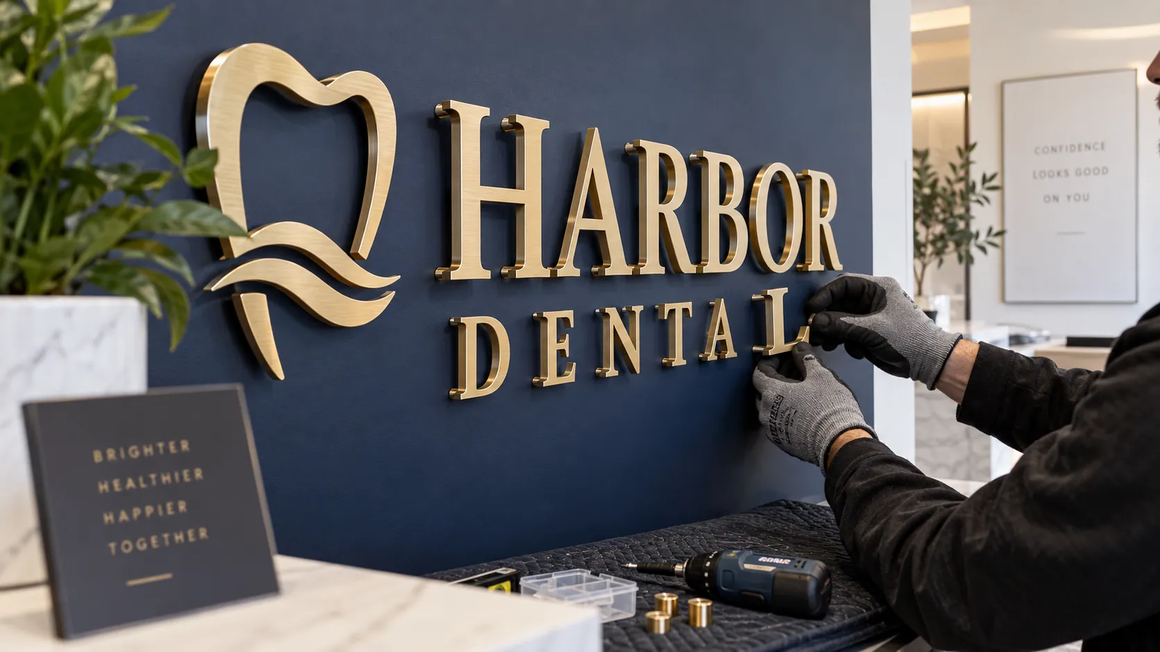 Illustrative installer mounting dimensional Harbor Dental letters on a finished interior wall.