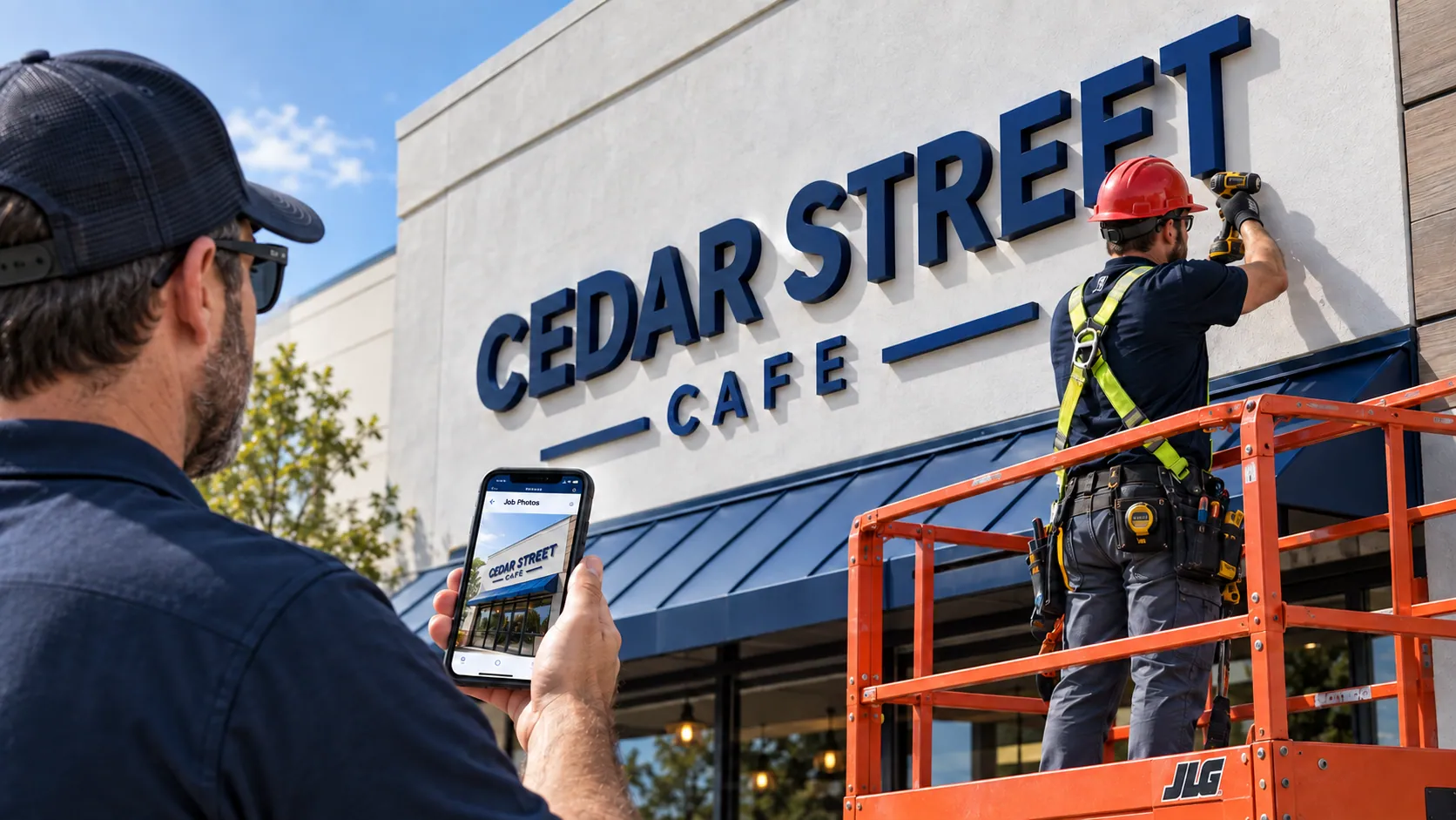 Illustrative installation crew mounting Cedar Street Cafe channel letters while a supervisor records a field update.