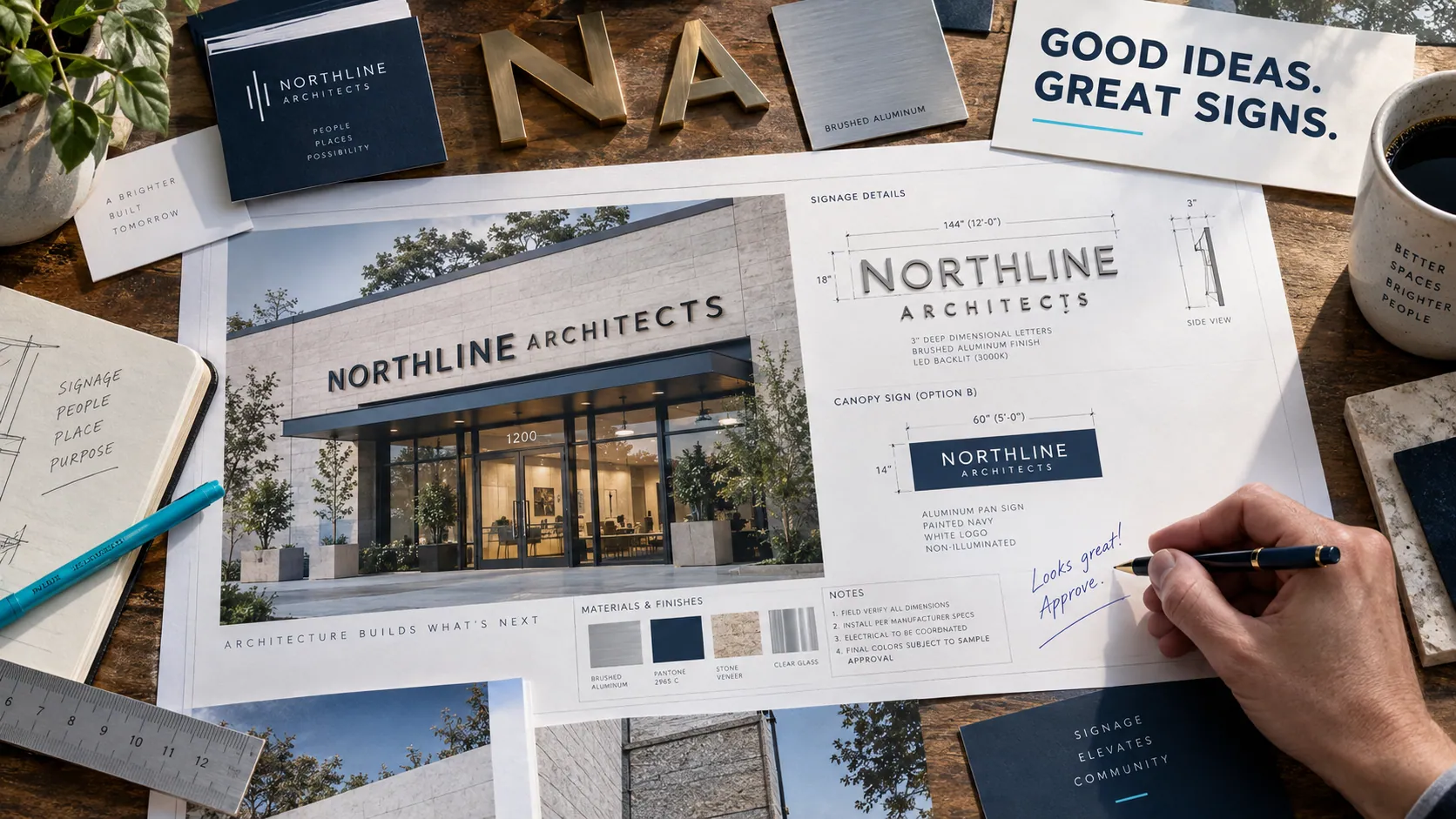 Illustrative sign artwork, annotated storefront proofs, and material samples ready for approval.