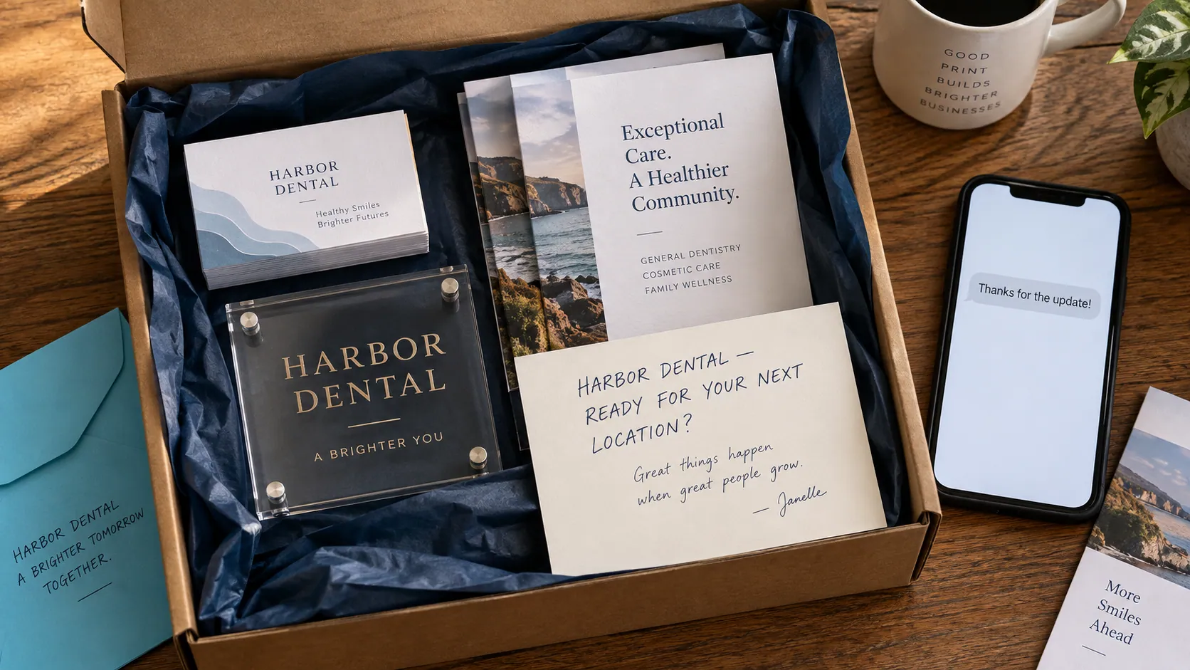 Illustrative personalized print samples and a customer follow-up note prepared for a sign shop client.