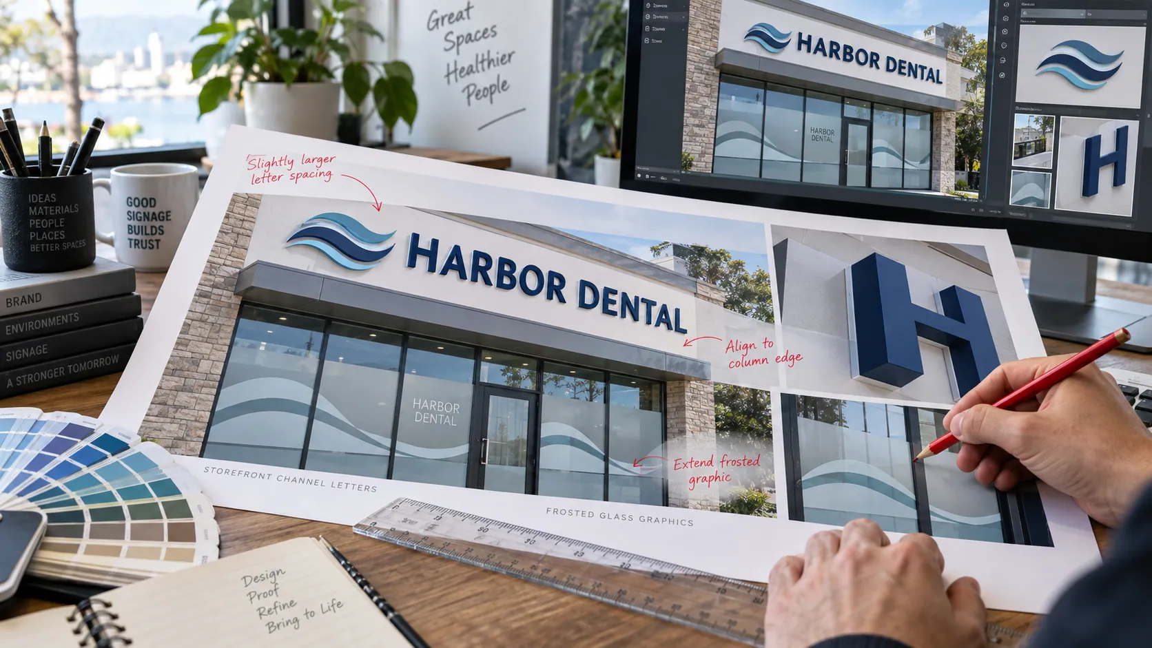 Illustrative sign shop designer marking a Harbor Dental storefront proof with material samples.