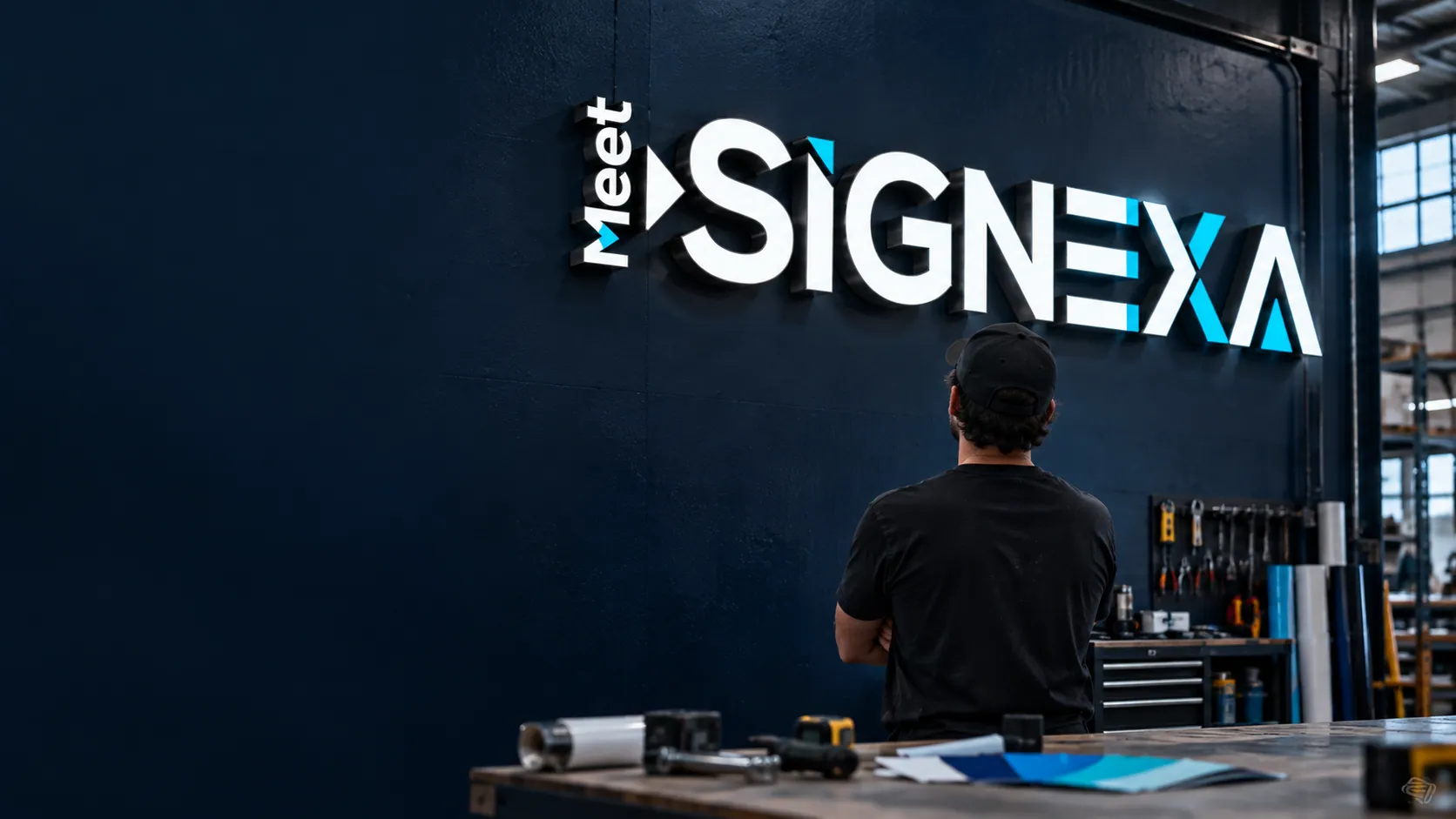 Illustrative fabricated dimensional SIGNEXA sign being inspected in a sign workshop.