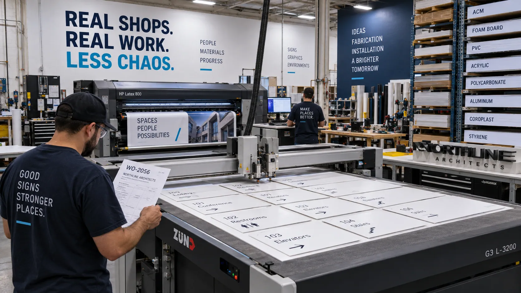 Illustrative sign shop production floor with a flatbed cutter and nested signage panels.