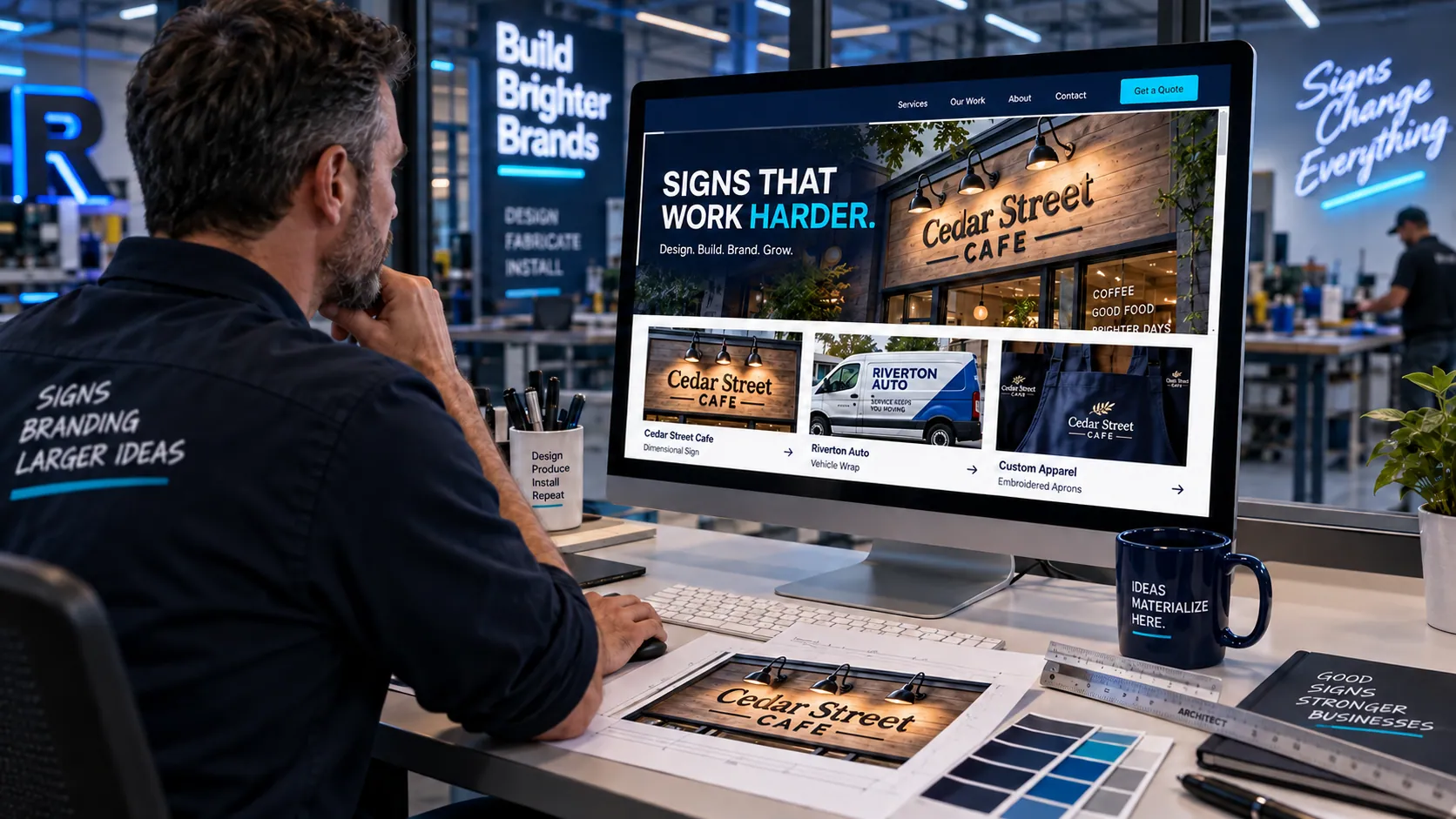 Illustrative sign shop portfolio website showing dimensional signs, vehicle graphics, and apparel projects.